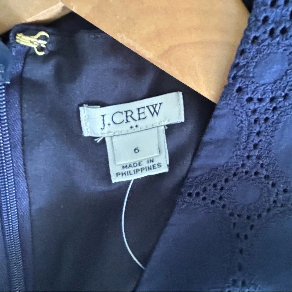 J Crew Eyelet Navy Blue Dress Long Sleeve V Neck Elastic Waist Size‎ 6